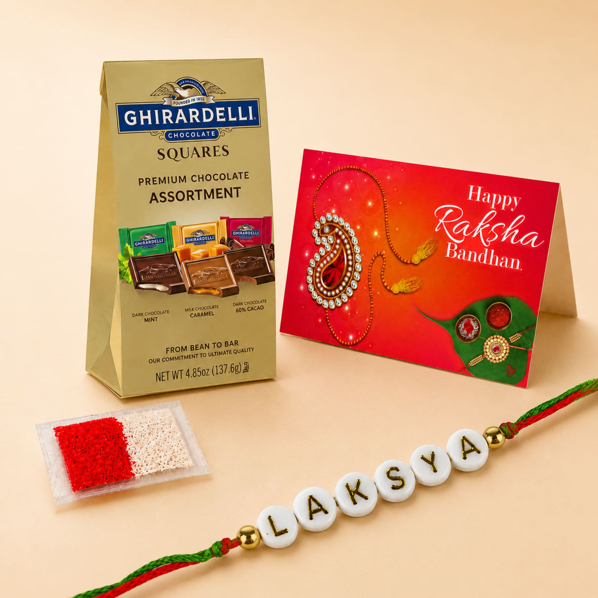Personalized name bead rakhi with white beads, green and red thread, gold-colored beads for raksha bandhan gift