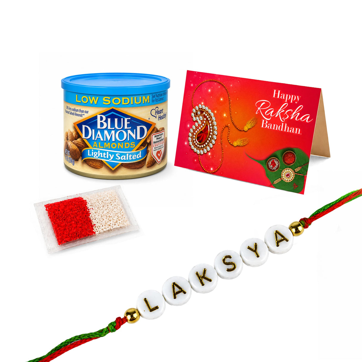 White circular beads with gold lettering spelling laksya on red and green thread with golden accents personalized rakhi