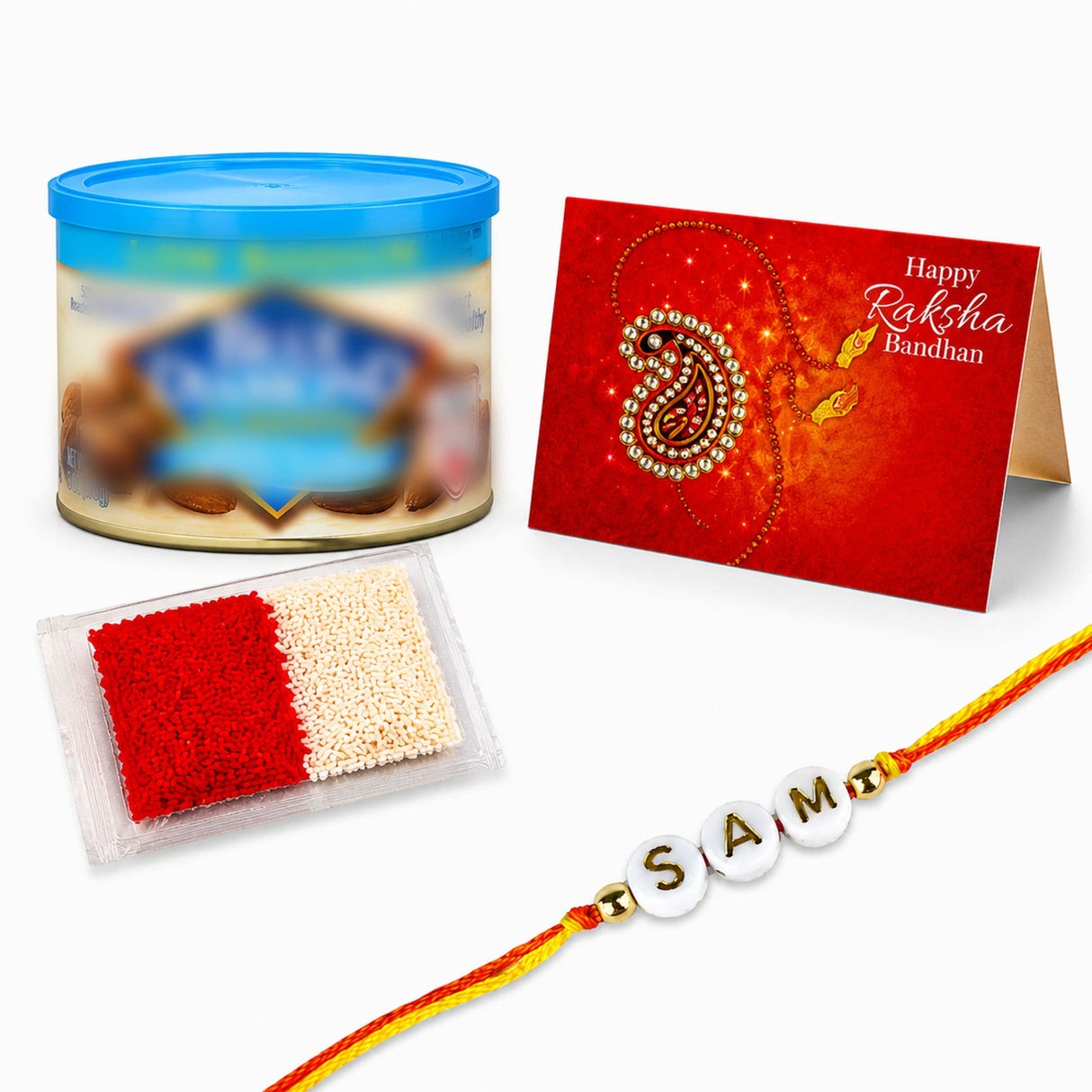 Personalized white bead rakhi with gold lettering and red yellow thread handmade for brother and bhabhi gift