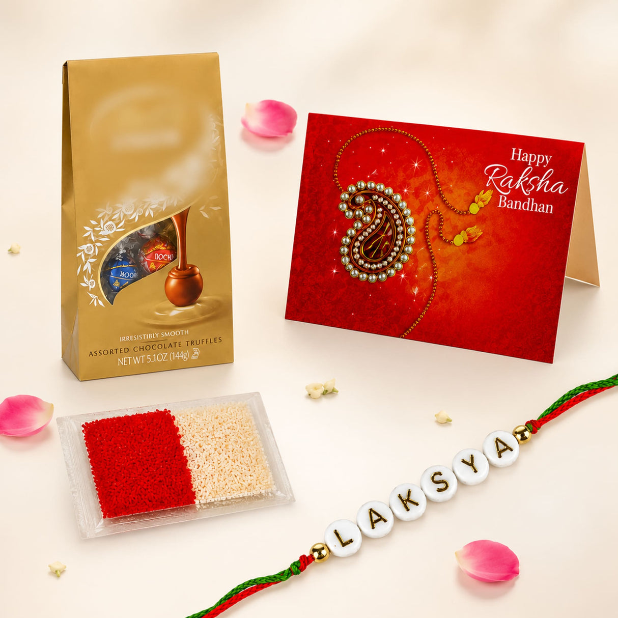 Gold-colored bag of assorted chocolate truffles with clear window for personalized name rakhi gift for brother and bhabhi