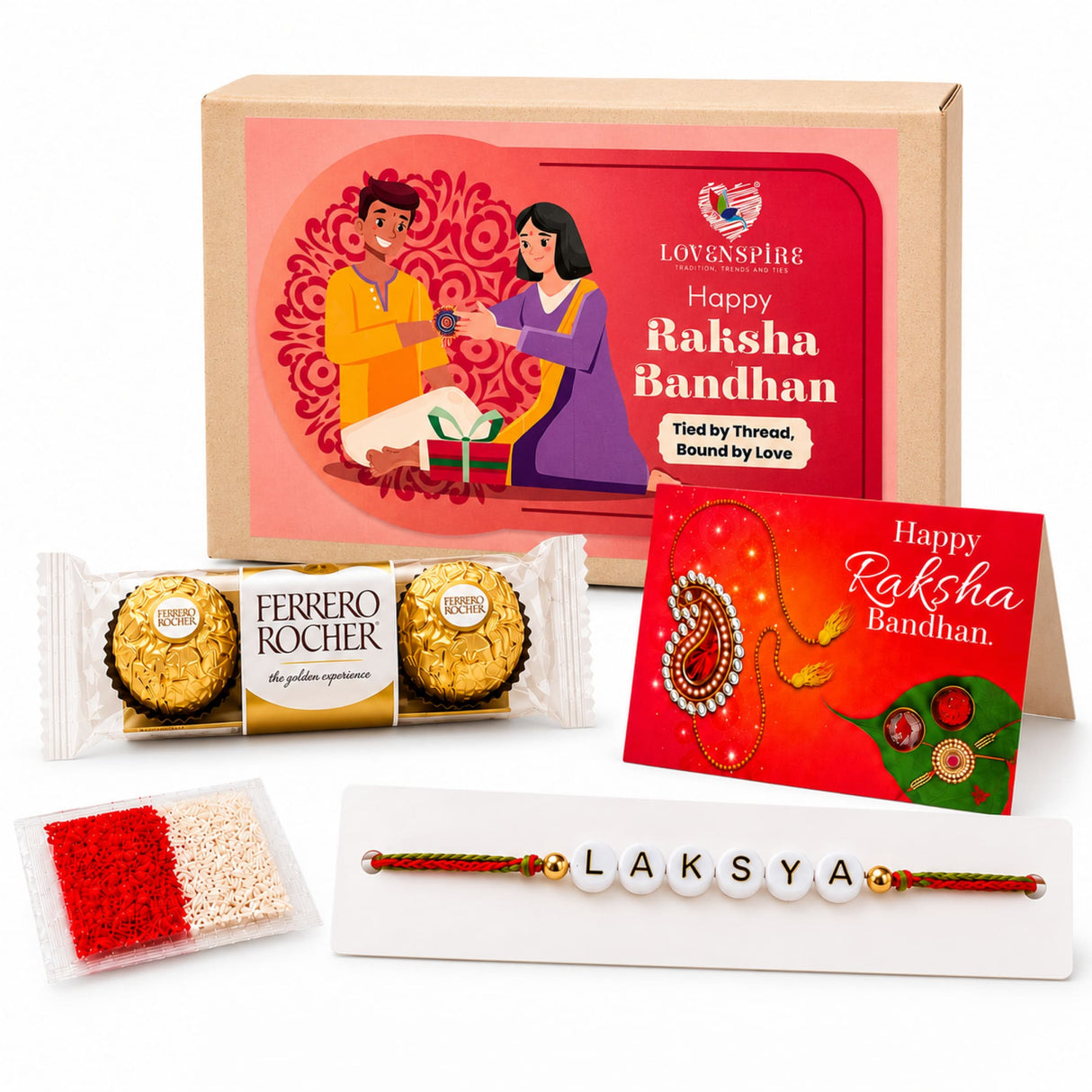 Red and gold personalized name bead rakhi set with ferrero rocher chocolates and traditional rangoli powder for raksha bandhan