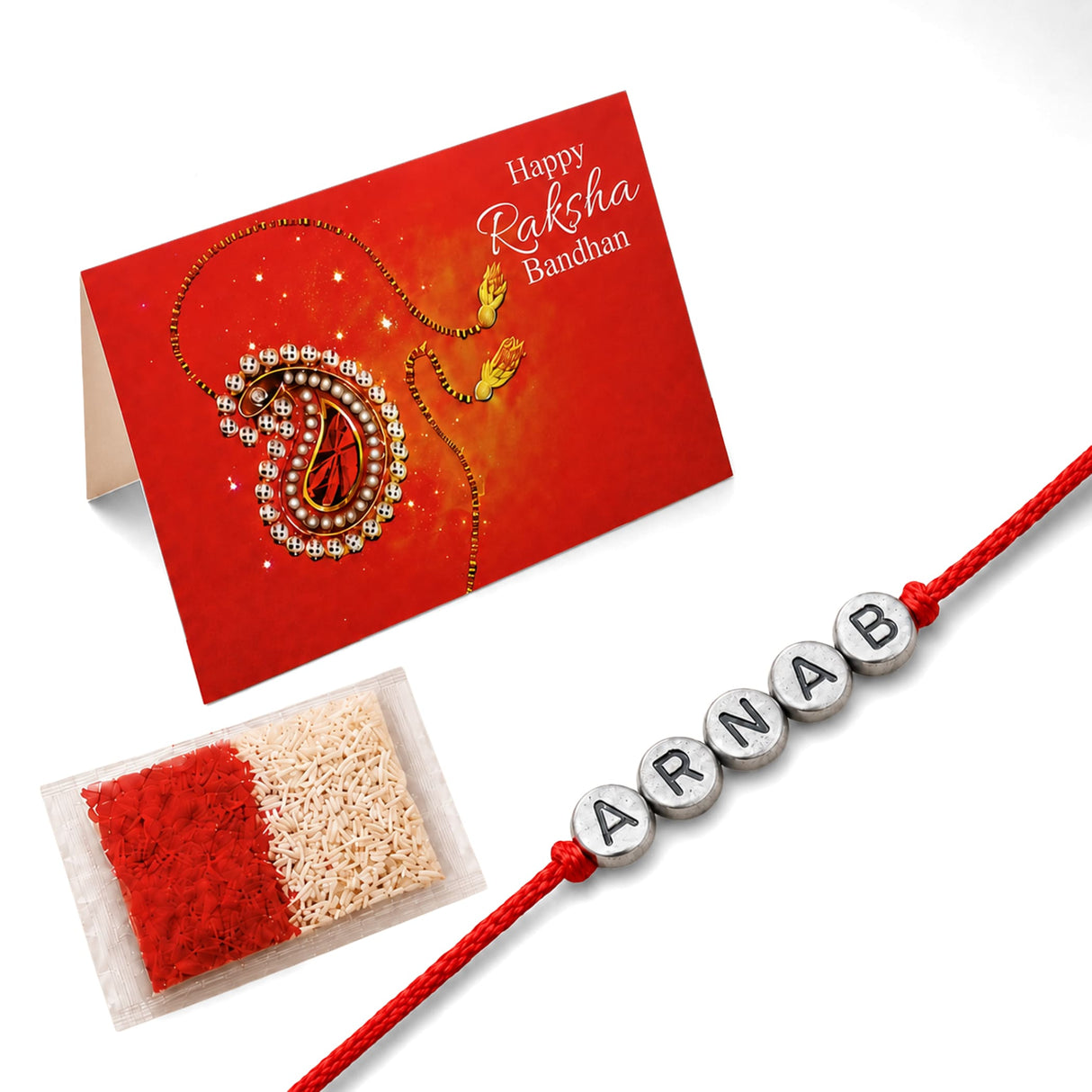 Designer custom named red braided string rakhi with silver beads spelling Arnab for brother and bhabhi protection gift