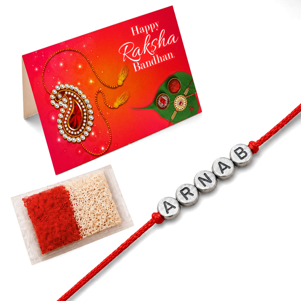 Designer custom named rakhi red cord bracelet with silver letter beads spelling arnab for protection and good luck