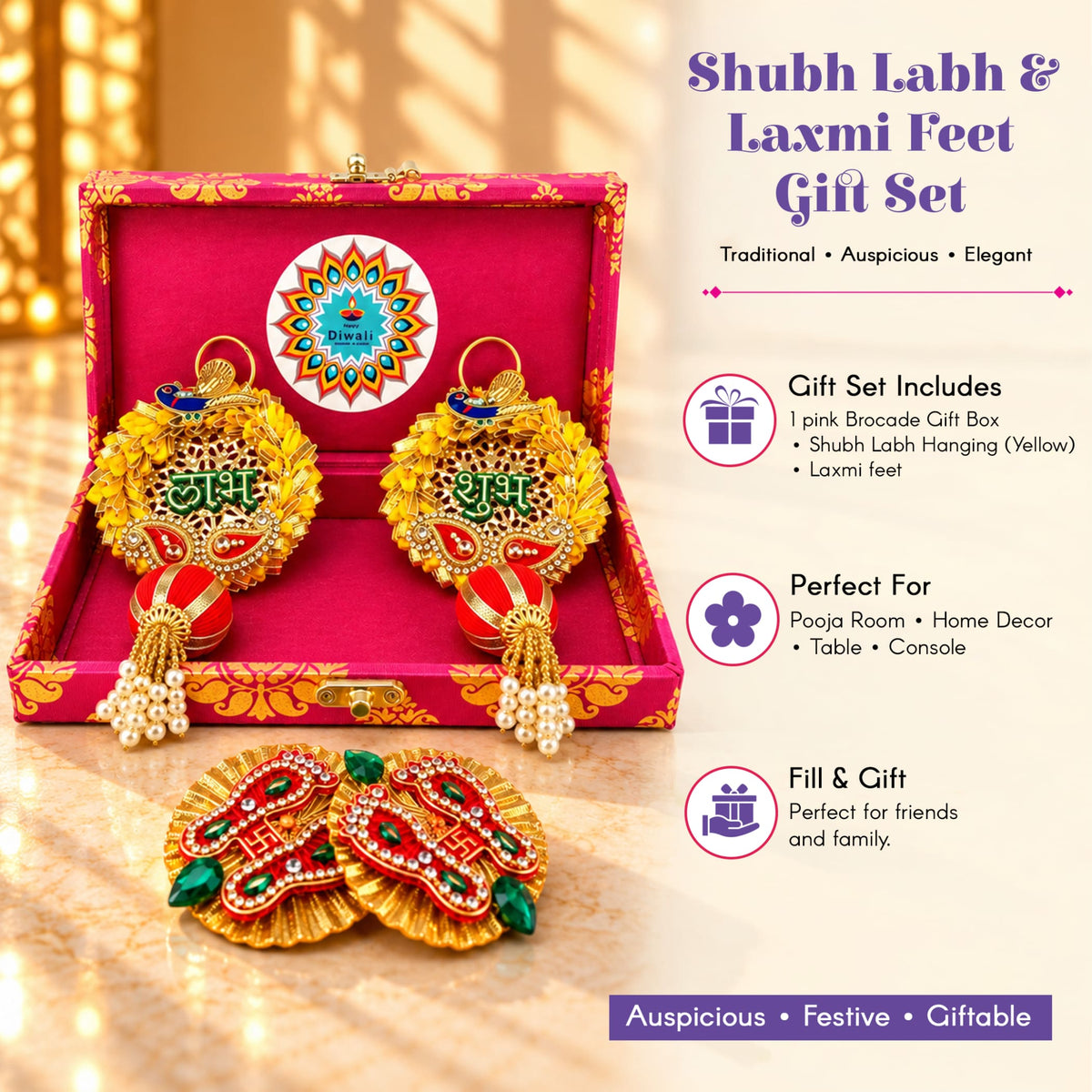 Decorative golden shubh labh and laxmi feet hangings with red green and white embellishments in diwali gift hamper