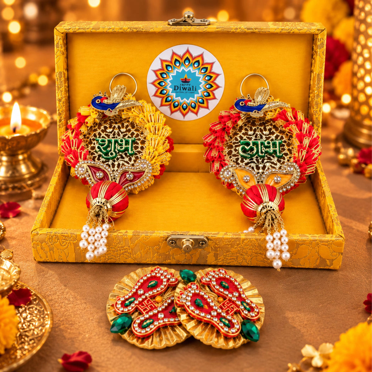 Personalized diwali gifts hamper with golden lacework, red yellow floral accents, jeweled peacock motif, rajasthani brocade design