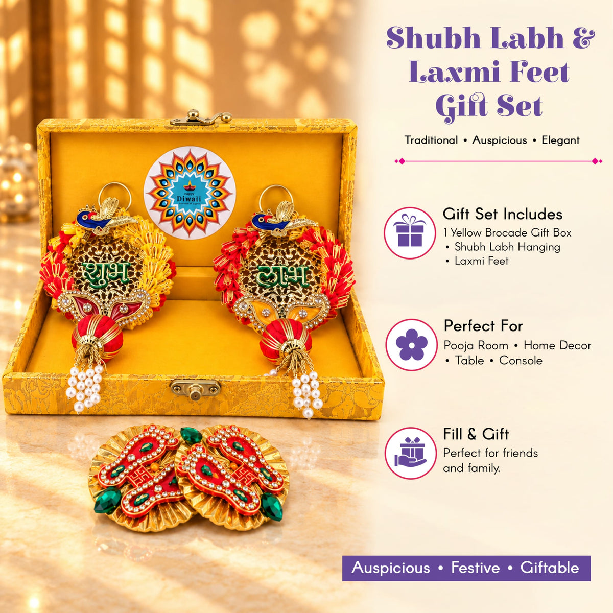 Personalized diwali gifts hamper with red and gold embroidered shubh labh laxmi feet hanging ornaments and beaded tassels