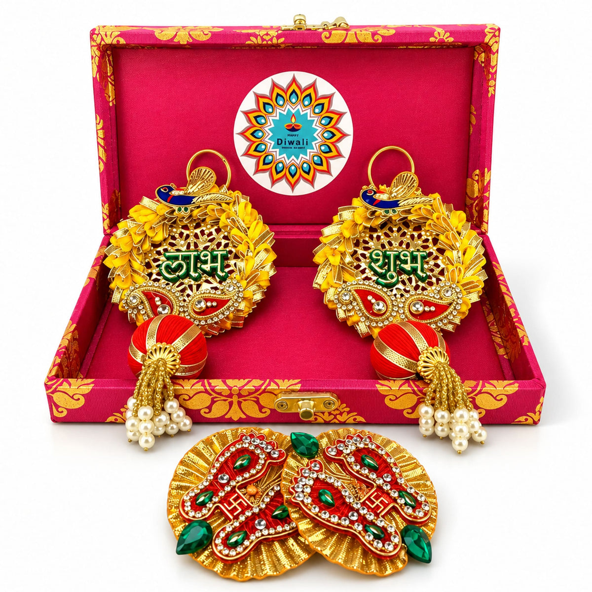 Golden personalized diwali gift hamper with intricate paisley designs red fabric green stones and white pearls for festive gifting