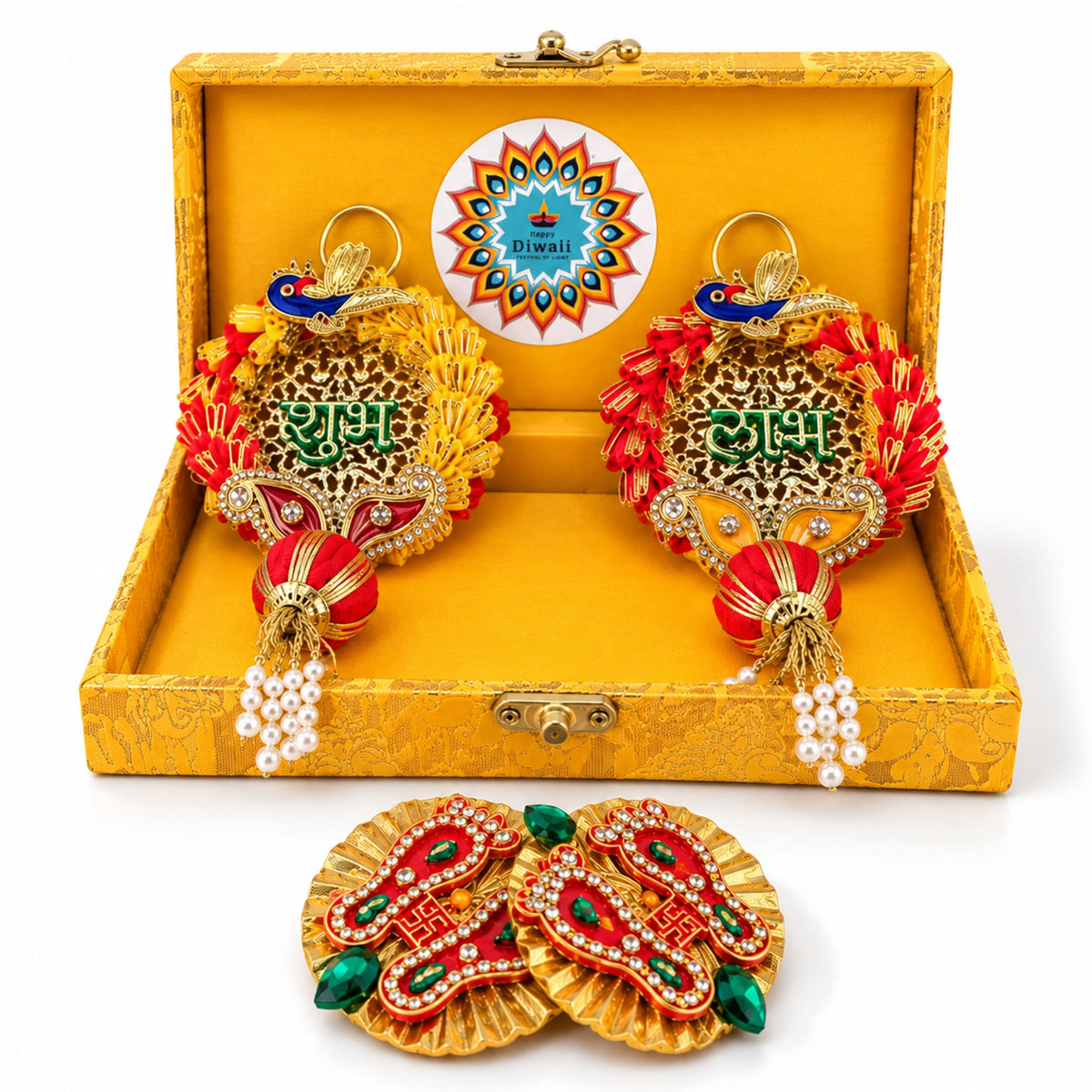 Personalized diwali gifts hamper with golden and red ornamental peacock designs green lettering pearl tassels in brocade design