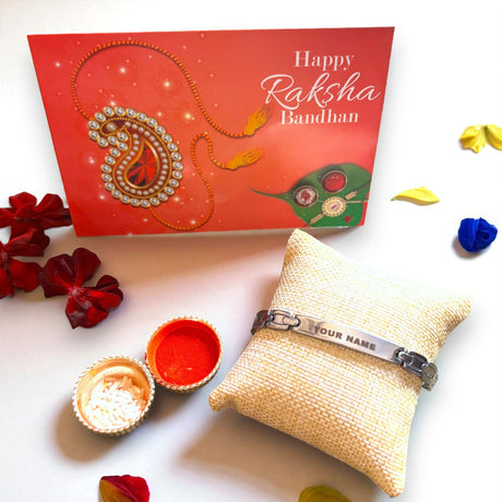 Personalized Stainless Steel Rakhi for Brother Custom Engraved Names Bracelet for Bhai - Raksha Bandhan Customizable Bracelets Rakhi Gift Hamper with Roli Chawal Greeting Card - LoveNspire