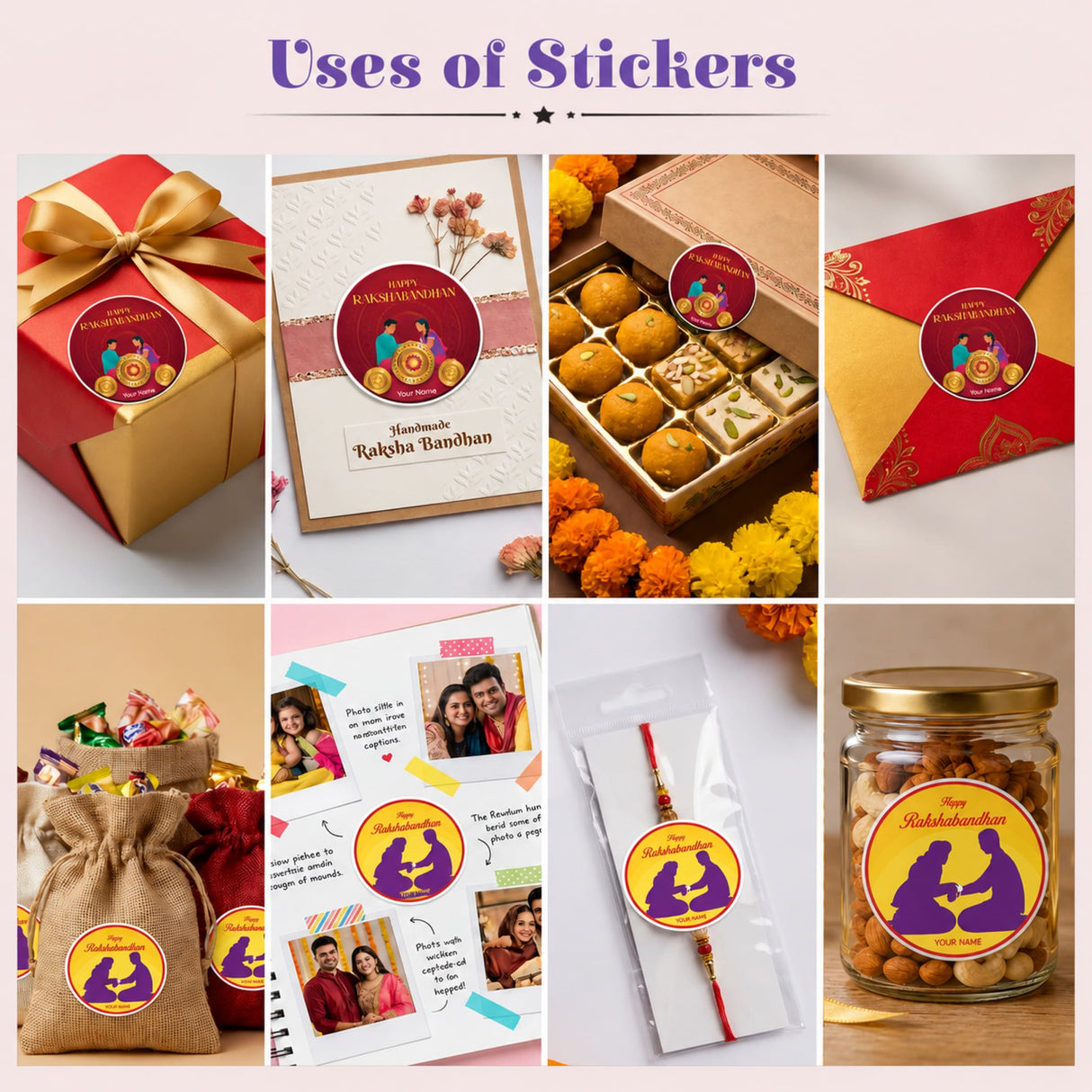 Circular yellow adhesive sticker with purple silhouette and happy raksha bandhan text for personalized gift boxes