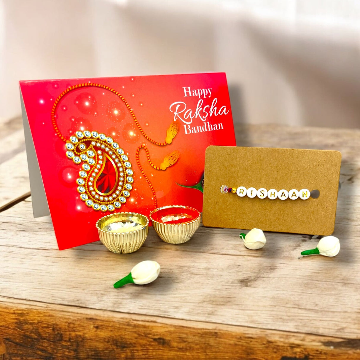 Personalized Handmade Rakhi for Brother – Custom White Letter Name Rakhi Thread with Rakhi Card Hindu Bracelet Rakhi for Bhaiya Custom Name Gift - LoveNspire