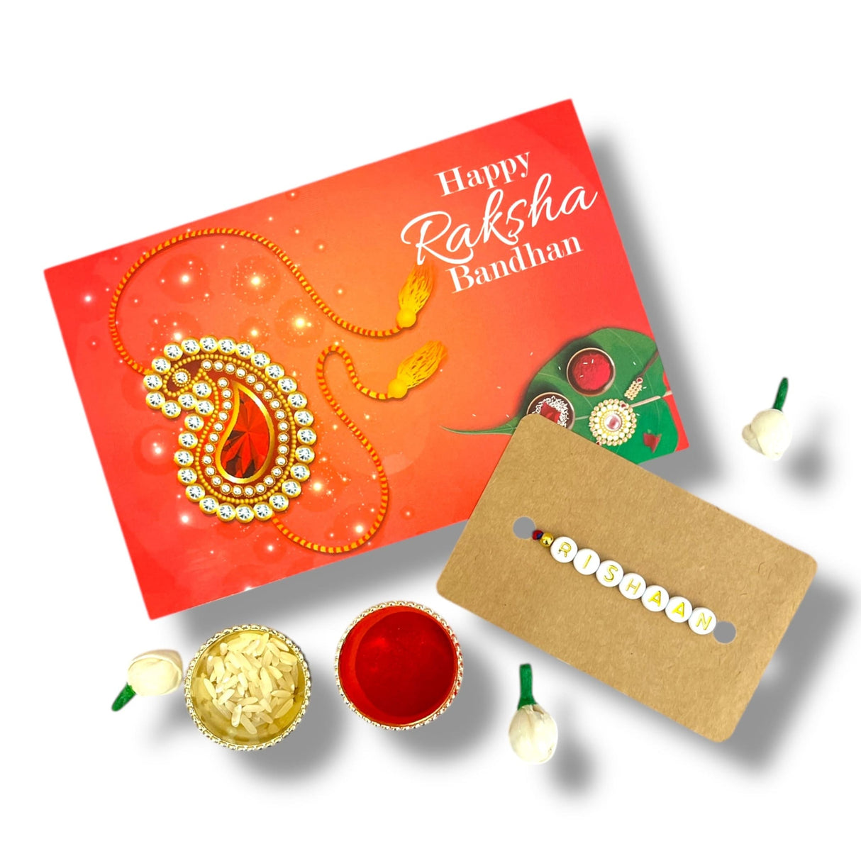 Personalized Handmade Rakhi for Brother – Custom White Letter Name Rakhi Thread with Rakhi Card Hindu Bracelet Rakhi for Bhaiya Custom Name Gift - LoveNspire