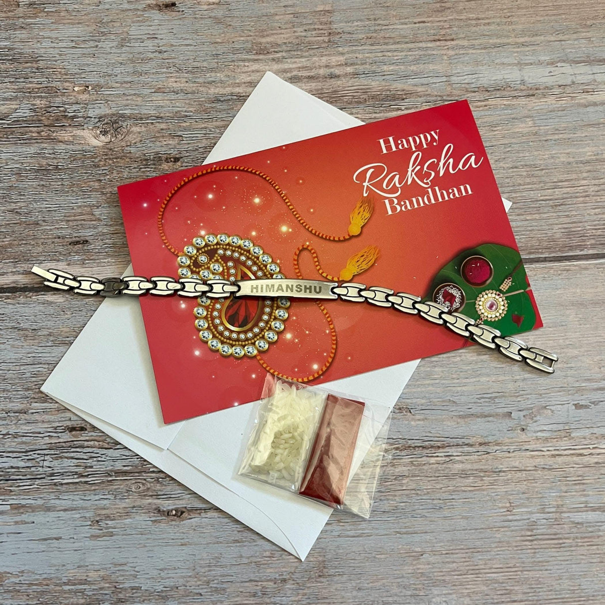 Personalized Stainless Steel Rakhi for Brother Custom Engraved Names Bracelet for Bhai - Raksha Bandhan Customizable Bracelets Rakhi Gift Hamper with Roli Chawal Greeting Card - LoveNspire