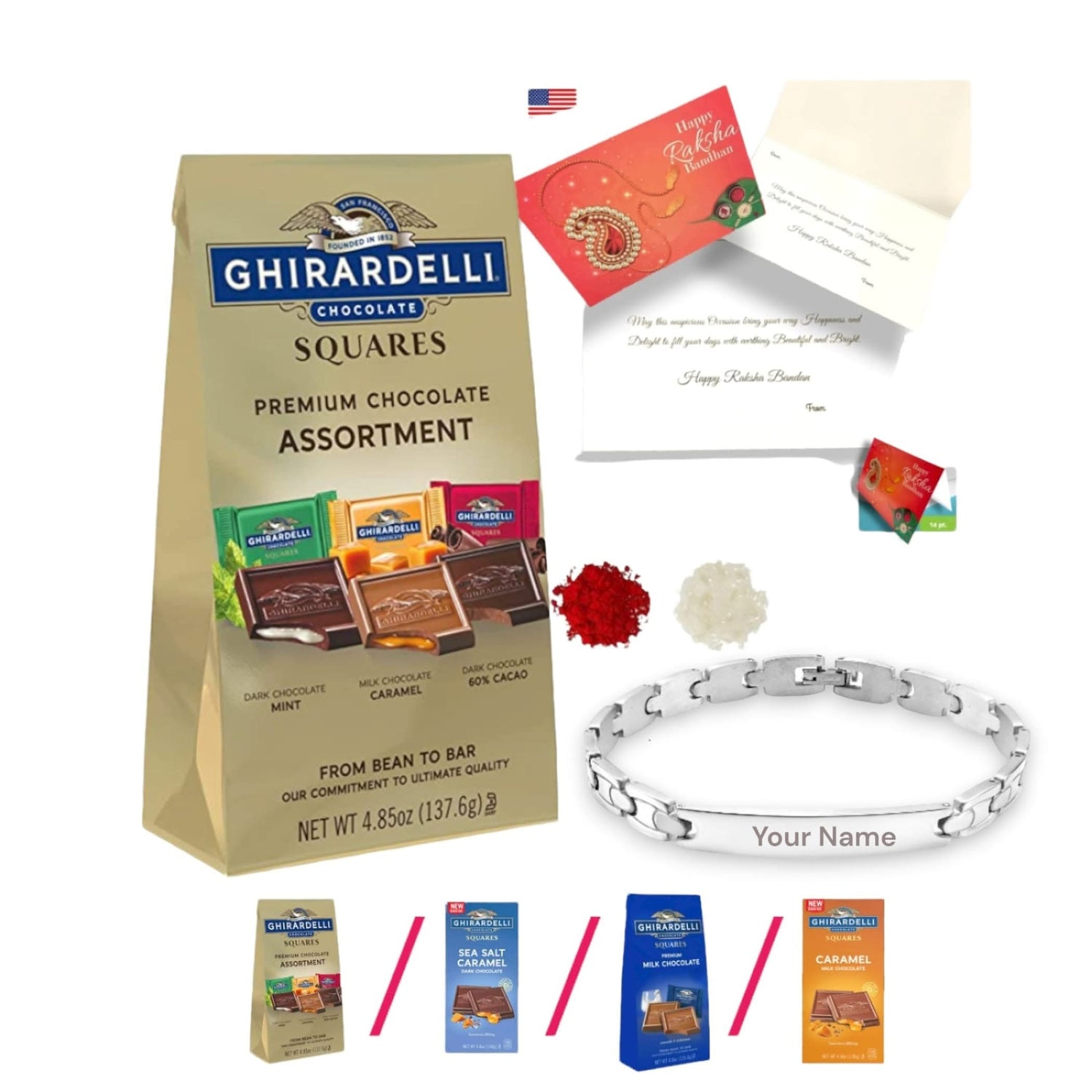 Personalized Stainless Steel Rakhi for Brother Custom Engraved Names Bracelet for Bhai - Raksha Bandhan Customizable Bracelets Rakhi Gift Hamper with Roli Chawal Greeting Card - LoveNspire