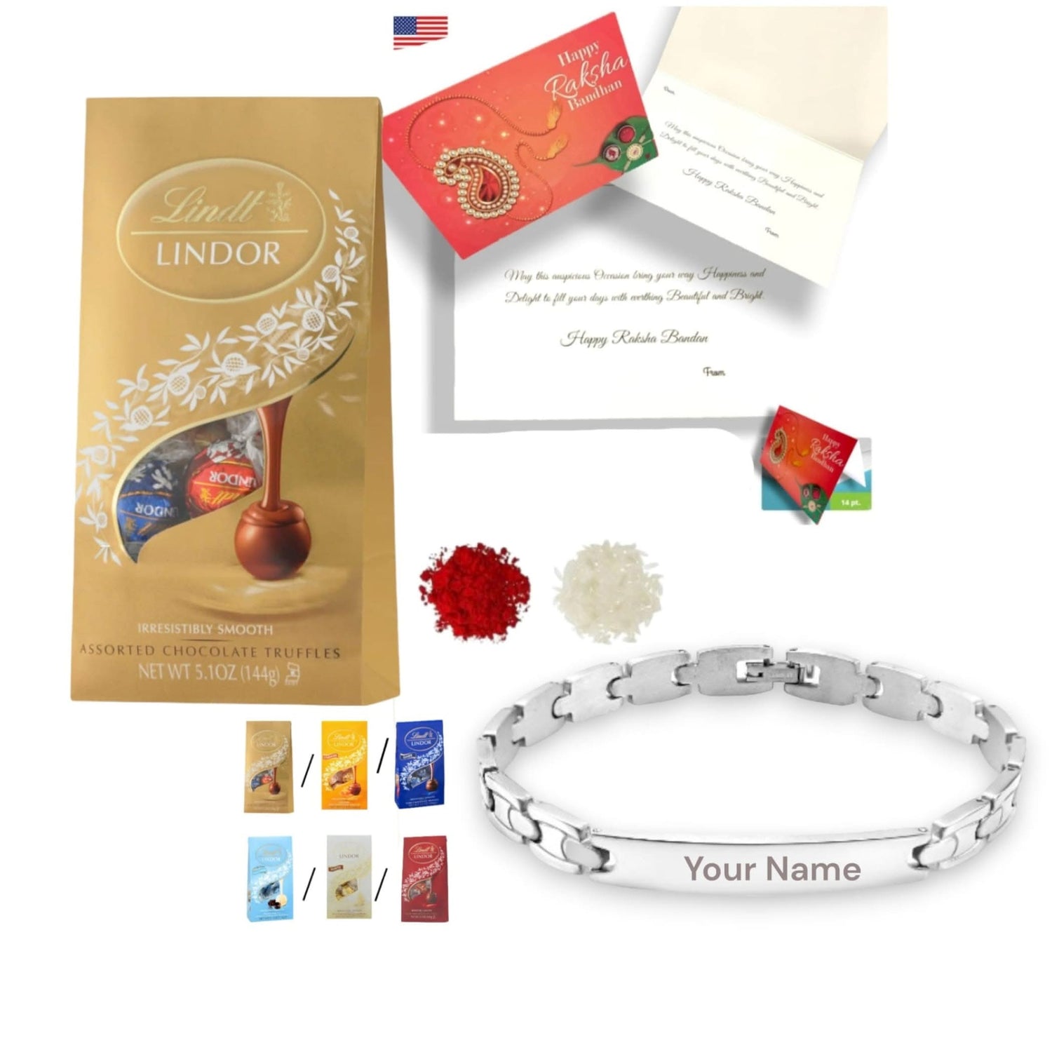 Personalized Stainless Steel Rakhi for Brother Custom Engraved Names Bracelet for Bhai - Raksha Bandhan Customizable Bracelets Rakhi Gift Hamper with Roli Chawal Greeting Card - LoveNspire