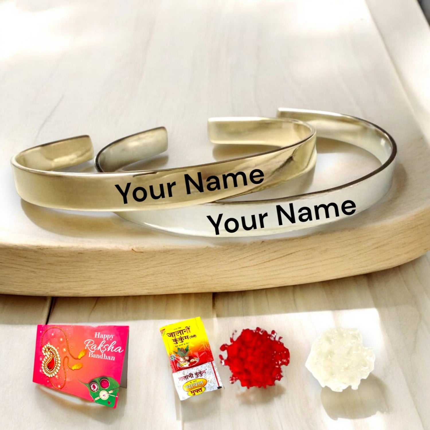 Personalized Stainless Steel Rakhi for Brother Custom Engraved Names Cuff Bracelet for Bhai - Raksha Bandhan Customizable Bracelets Rakhi Gift Hamper with Roli Chawal Greeting Card - LoveNspire