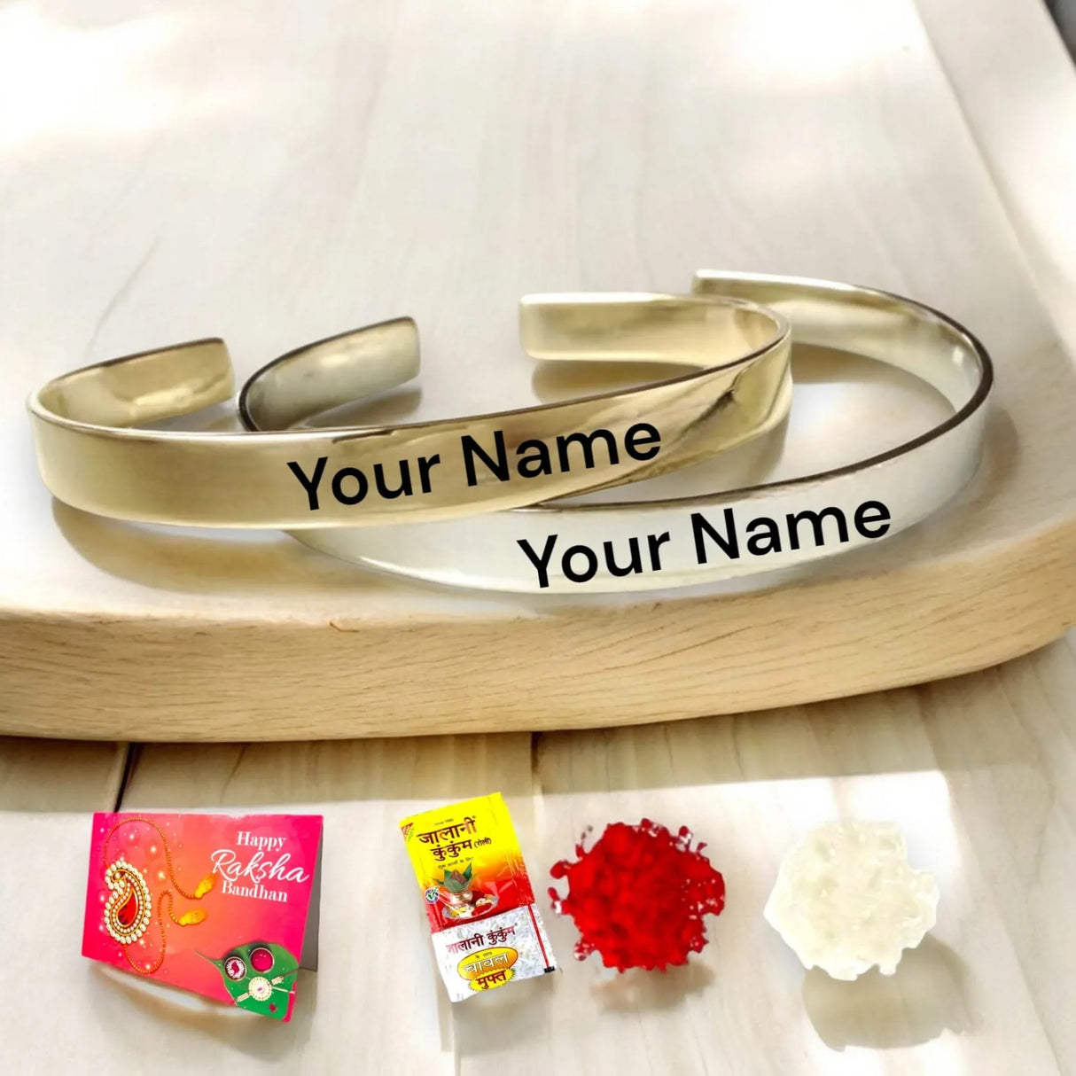 Personalized Stainless Steel Rakhi for Brother Custom Engraved Names Cuff Bracelet for Bhai - Raksha Bandhan Customizable Bracelets Rakhi Gift Hamper with Roli Chawal Greeting Card - LoveNspire