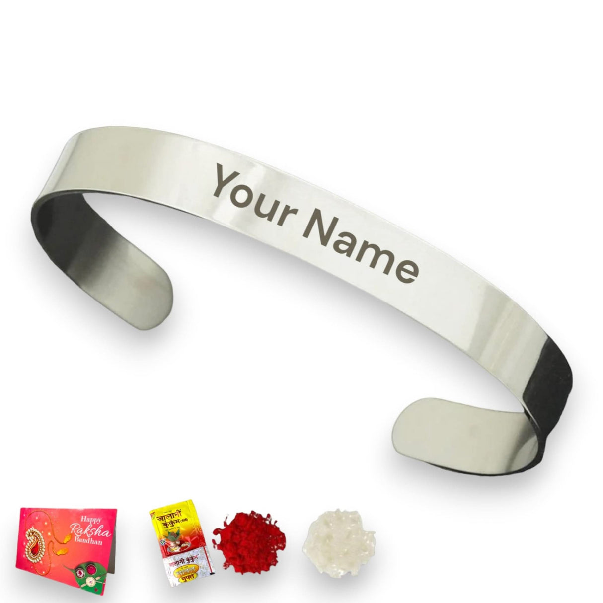 Personalized Stainless Steel Rakhi for Brother Custom Engraved Names Cuff Bracelet for Bhai - Raksha Bandhan Customizable Bracelets Rakhi Gift Hamper with Roli Chawal Greeting Card - LoveNspire