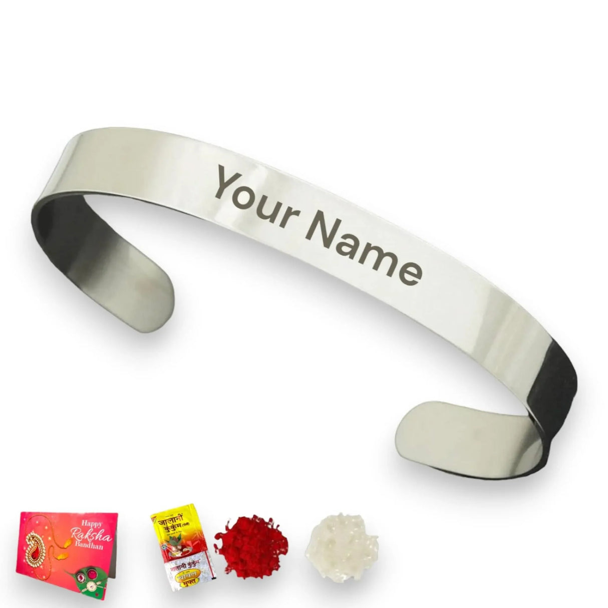 Personalized Stainless Steel Rakhi for Brother Custom Engraved Names Cuff Bracelet for Bhai - Raksha Bandhan Customizable Bracelets Rakhi Gift Hamper with Roli Chawal Greeting Card - LoveNspire