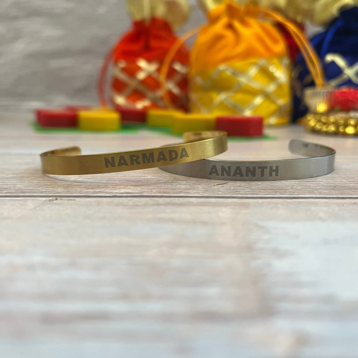 Personalized Stainless Steel Rakhi for Brother Custom Engraved Names Cuff Bracelet for Bhai - Raksha Bandhan Customizable Bracelets Rakhi Gift Hamper with Roli Chawal Greeting Card - LoveNspire