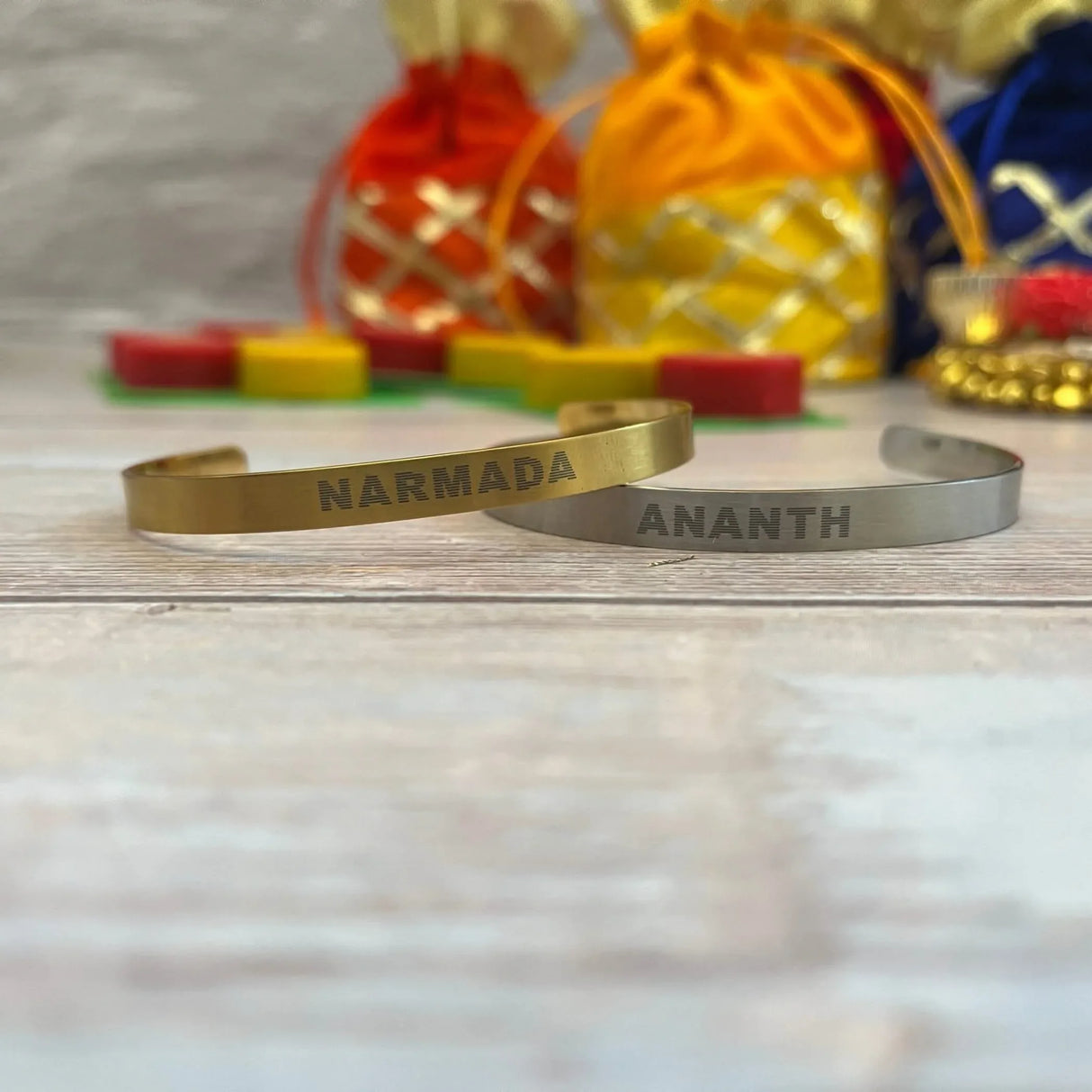Personalized Stainless Steel Rakhi for Brother Custom Engraved Names Cuff Bracelet for Bhai - Raksha Bandhan Customizable Bracelets Rakhi Gift Hamper with Roli Chawal Greeting Card - LoveNspire