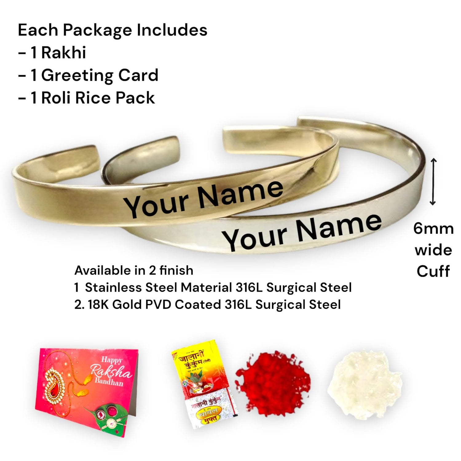 Personalized Stainless Steel Rakhi for Brother Custom Engraved Names Cuff Bracelet for Bhai - Raksha Bandhan Customizable Bracelets Rakhi Gift Hamper with Roli Chawal Greeting Card - LoveNspire