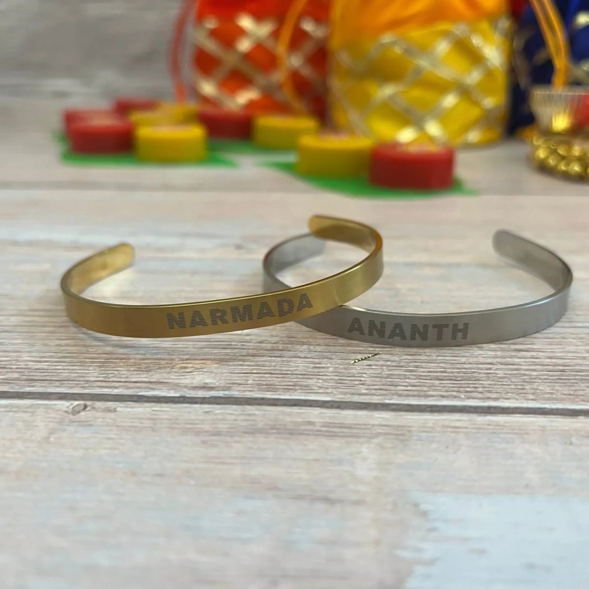 Personalized Stainless Steel Rakhi for Brother Custom Engraved Names Cuff Bracelet for Bhai - Raksha Bandhan Customizable Bracelets Rakhi Gift Hamper with Roli Chawal Greeting Card - LoveNspire