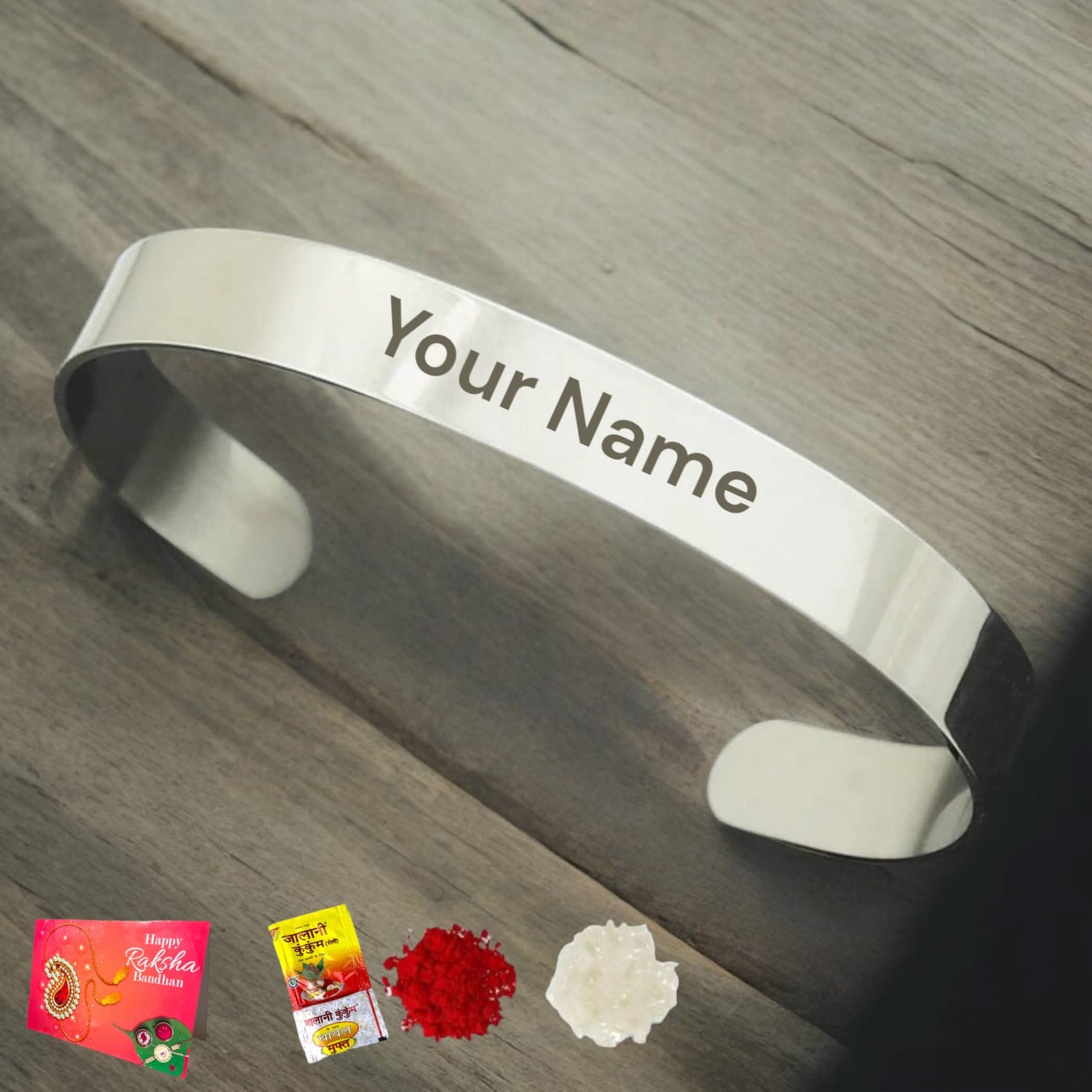 Personalized Stainless Steel Rakhi for Brother Custom Engraved Names Cuff Bracelet for Bhai - Raksha Bandhan Customizable Bracelets Rakhi Gift Hamper with Roli Chawal Greeting Card - LoveNspire
