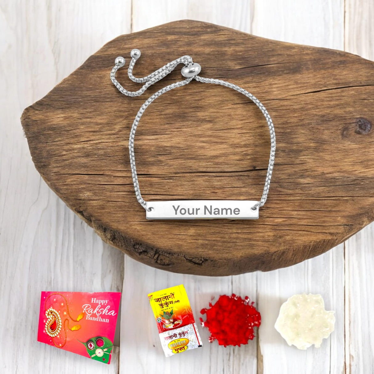Personalized Stainless Steel Rakhi Bracelet for Sister Bhabhi Custom Engraved Name Adjustable Rakhi Raksha Bandhan Customized Bracelets Rakhi Gift Hamper with Roli Chawal Greeting Card - LoveNspire