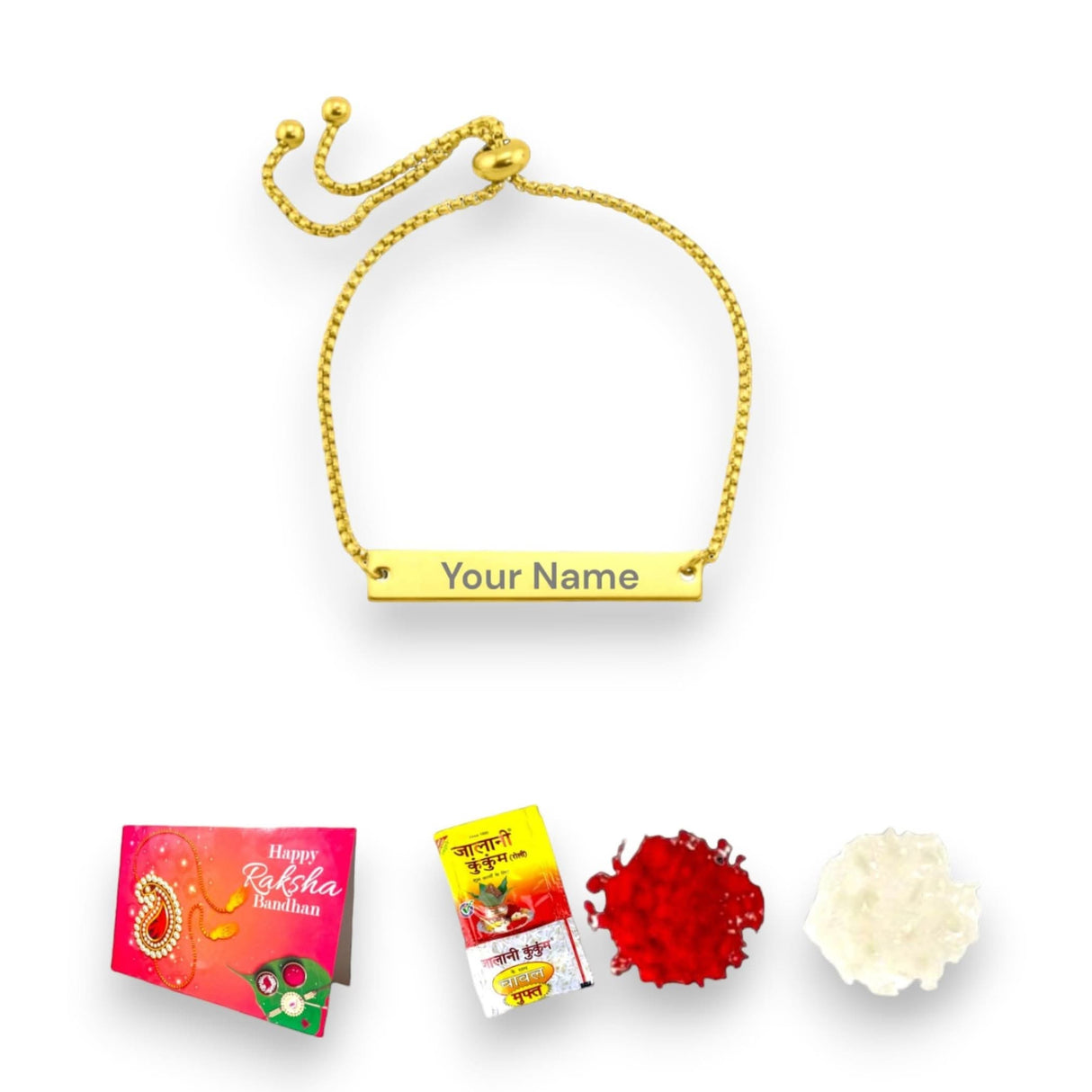 Personalized Stainless Steel Rakhi Bracelet for Sister Bhabhi Custom Engraved Name Adjustable Rakhi Raksha Bandhan Customized Bracelets Rakhi Gift Hamper with Roli Chawal Greeting Card - LoveNspire