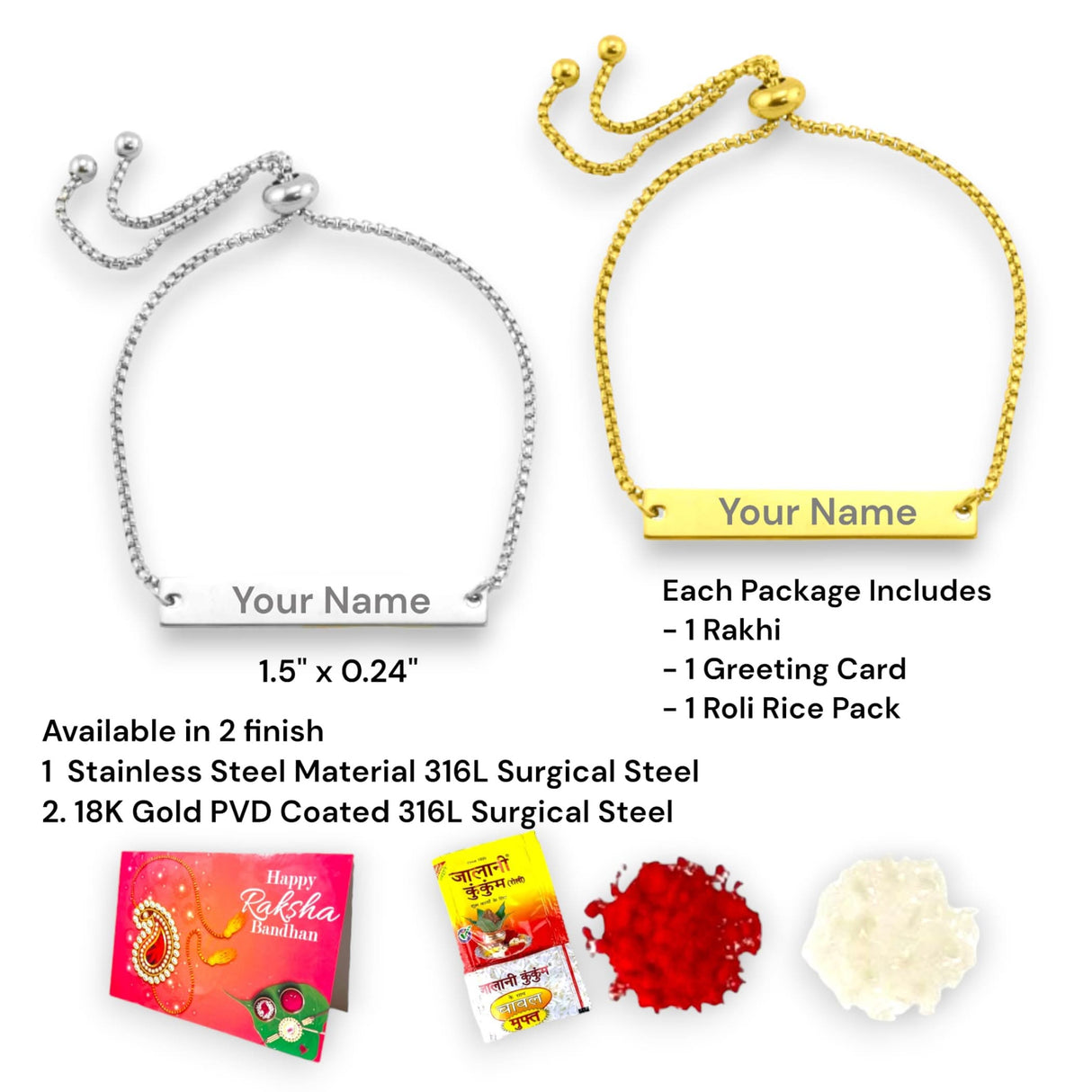 Personalized Stainless Steel Rakhi Bracelet for Sister Bhabhi Custom Engraved Name Adjustable Rakhi Raksha Bandhan Customized Bracelets Rakhi Gift Hamper with Roli Chawal Greeting Card - LoveNspire