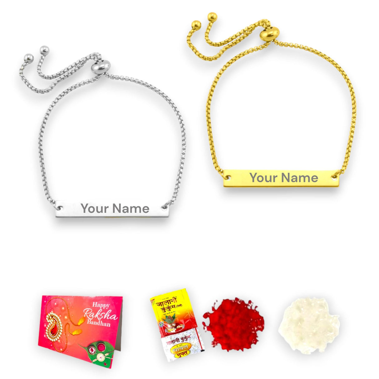 Personalized Stainless Steel Rakhi Bracelet for Sister Bhabhi Custom Engraved Name Adjustable Rakhi Raksha Bandhan Customized Bracelets Rakhi Gift Hamper with Roli Chawal Greeting Card - LoveNspire