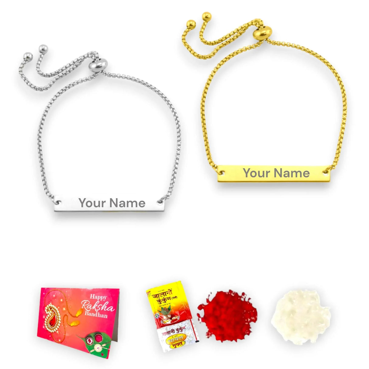 Personalized Stainless Steel Rakhi Bracelet for Sister Bhabhi Custom Engraved Name Adjustable Rakhi Raksha Bandhan Customized Bracelets Rakhi Gift Hamper with Roli Chawal Greeting Card - LoveNspire