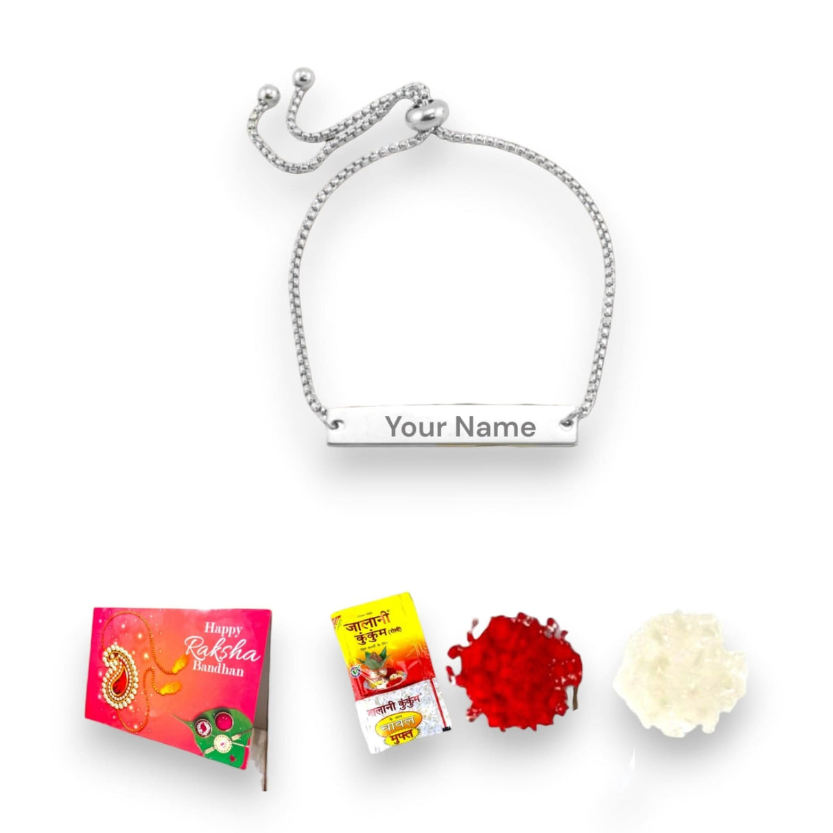 Personalized Stainless Steel Rakhi Bracelet for Sister Bhabhi Custom Engraved Name Adjustable Rakhi Raksha Bandhan Customized Bracelets Rakhi Gift Hamper with Roli Chawal Greeting Card - LoveNspire