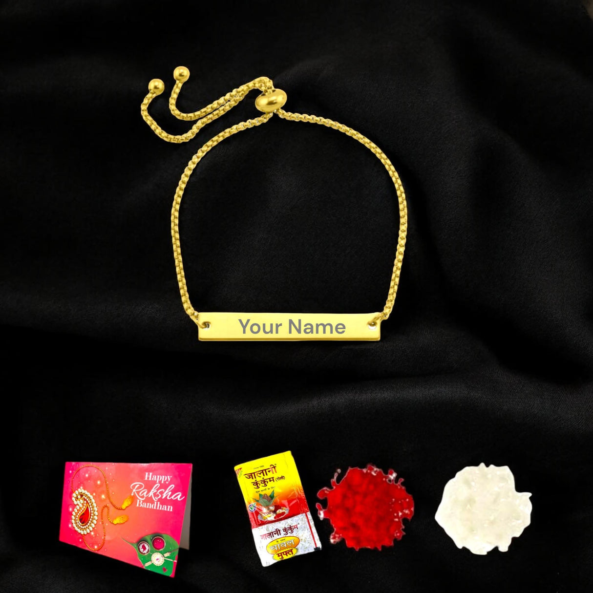 Personalized Stainless Steel Rakhi Bracelet for Sister Bhabhi Custom Engraved Name Adjustable Rakhi Raksha Bandhan Customized Bracelets Rakhi Gift Hamper with Roli Chawal Greeting Card - LoveNspire