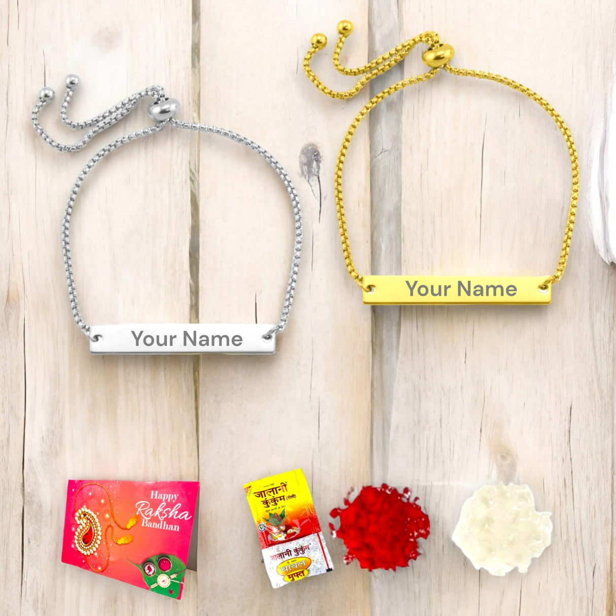 Personalized Stainless Steel Rakhi Bracelet for Sister Bhabhi Custom Engraved Name Adjustable Rakhi Raksha Bandhan Customized Bracelets Rakhi Gift Hamper with Roli Chawal Greeting Card - LoveNspire