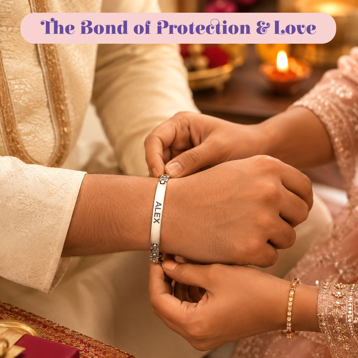 Silver personalized stainless steel rakhi bracelet with engraved name alex and modern design for brother raksha bandhan gift