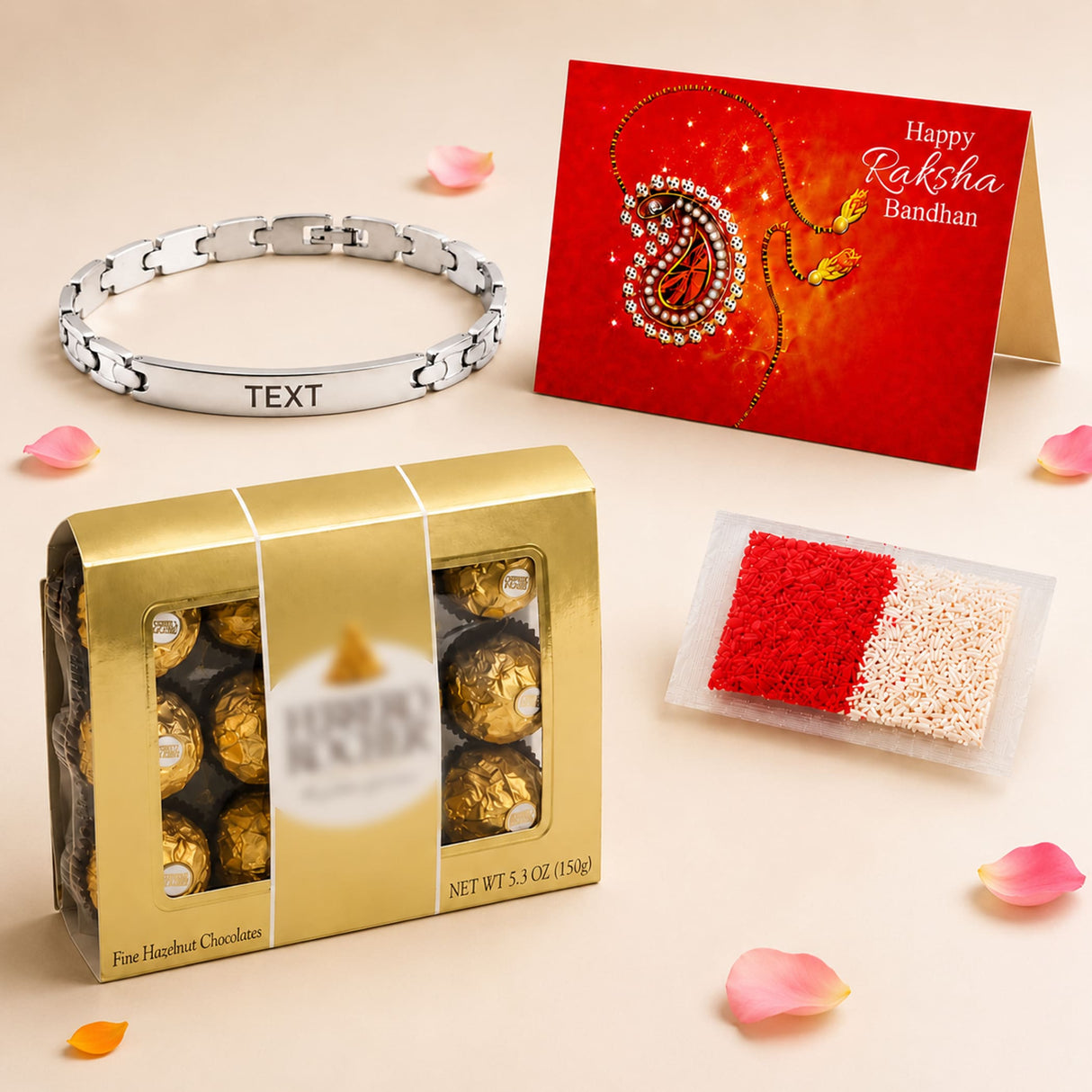 Gold box of ferrero rocher chocolates in a personalized stainless steel rakhi gift hamper for raksha bandhan celebration