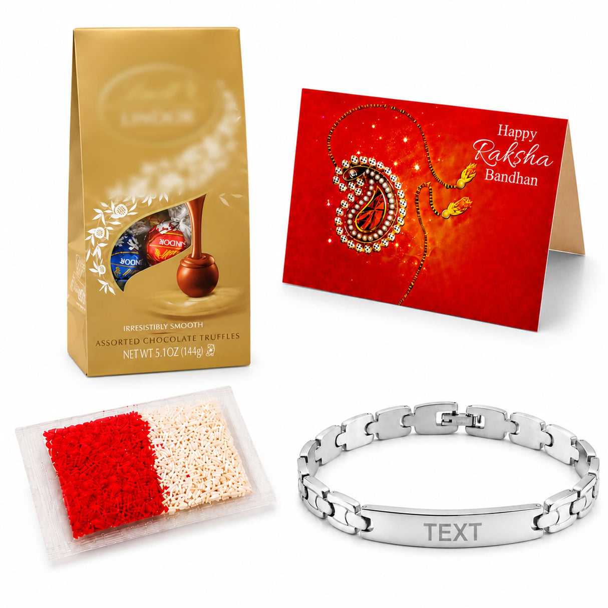 Silver stainless steel rakhi bracelet with interlocking links and a personalized engraving bar for brother gift