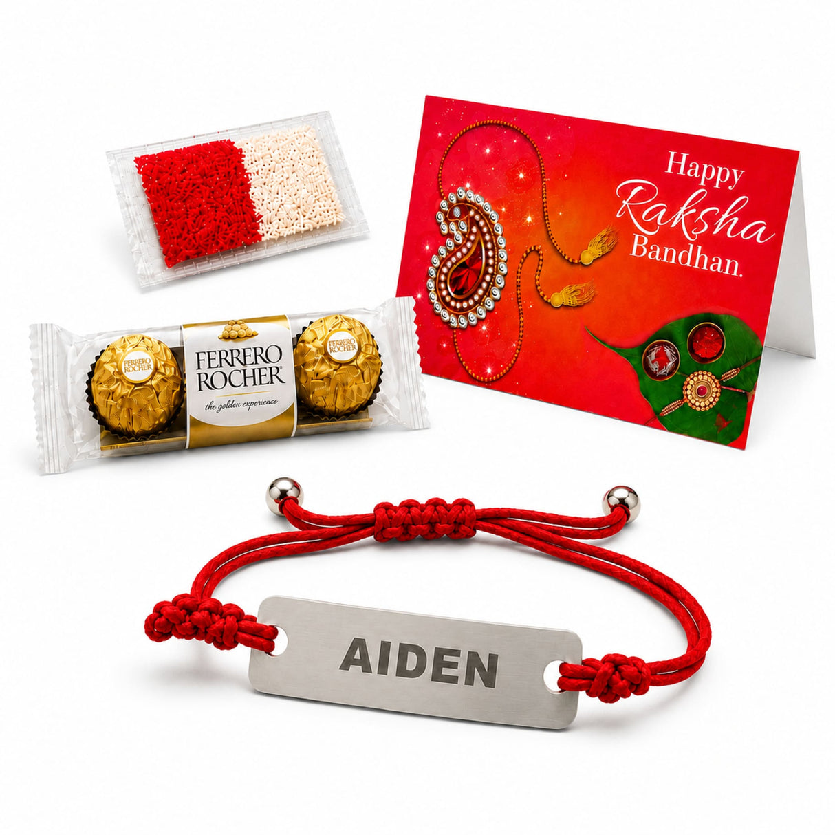 Personalized stainless steel red braided cord rakhi bracelet engraved with name aiden for brother on raksha bandhan