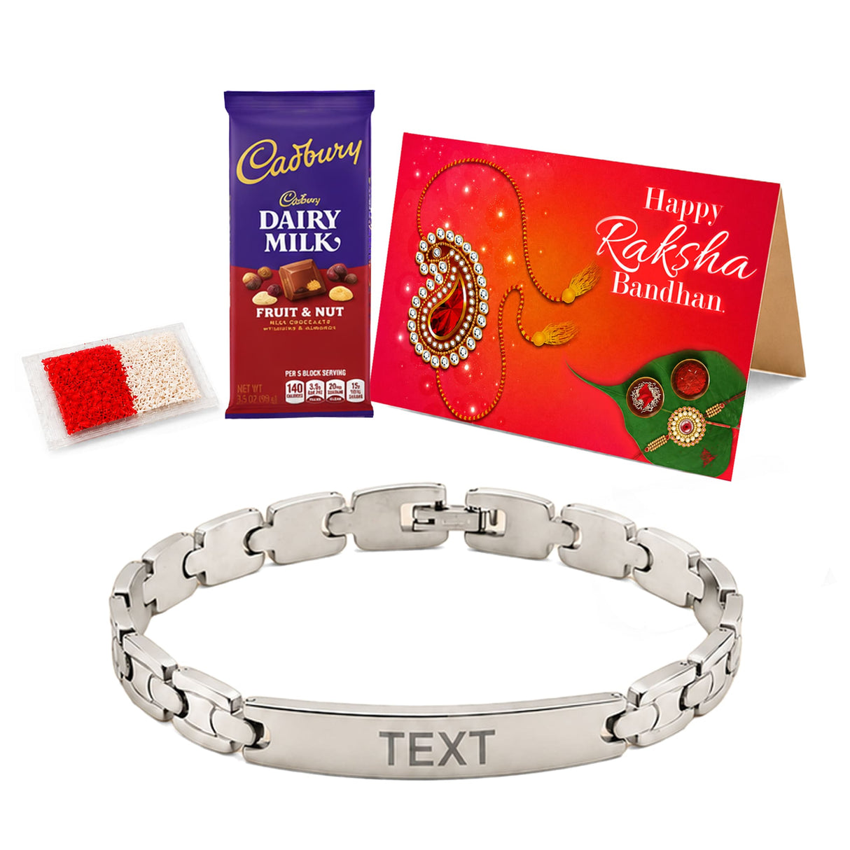 Personalized stainless steel name rakhi bracelet in silver tone with interlocking links and custom engraved plate for brother