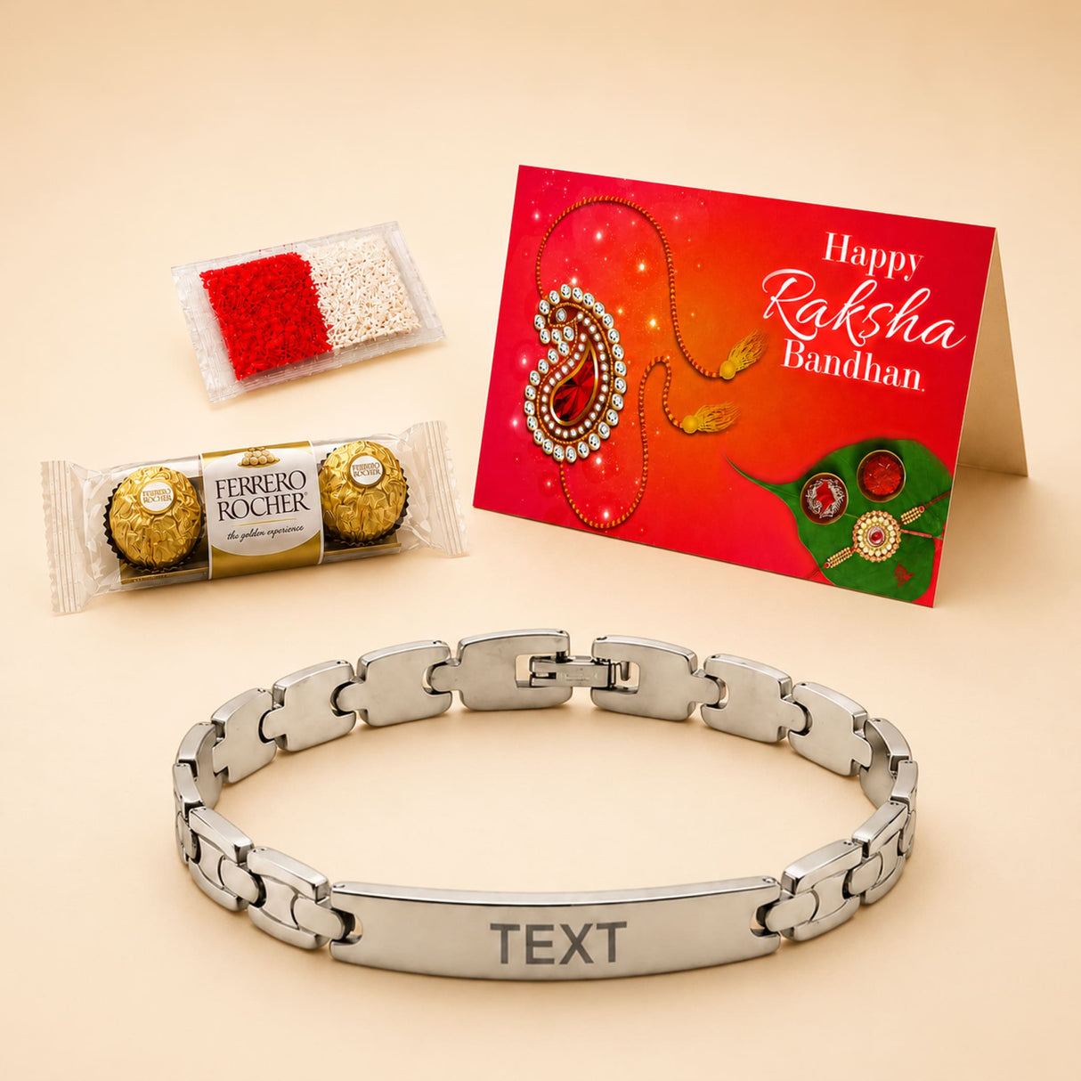 Personalized stainless steel name rakhi bracelet in silver tone with sleek interlocking chain and custom engraved bar for brother