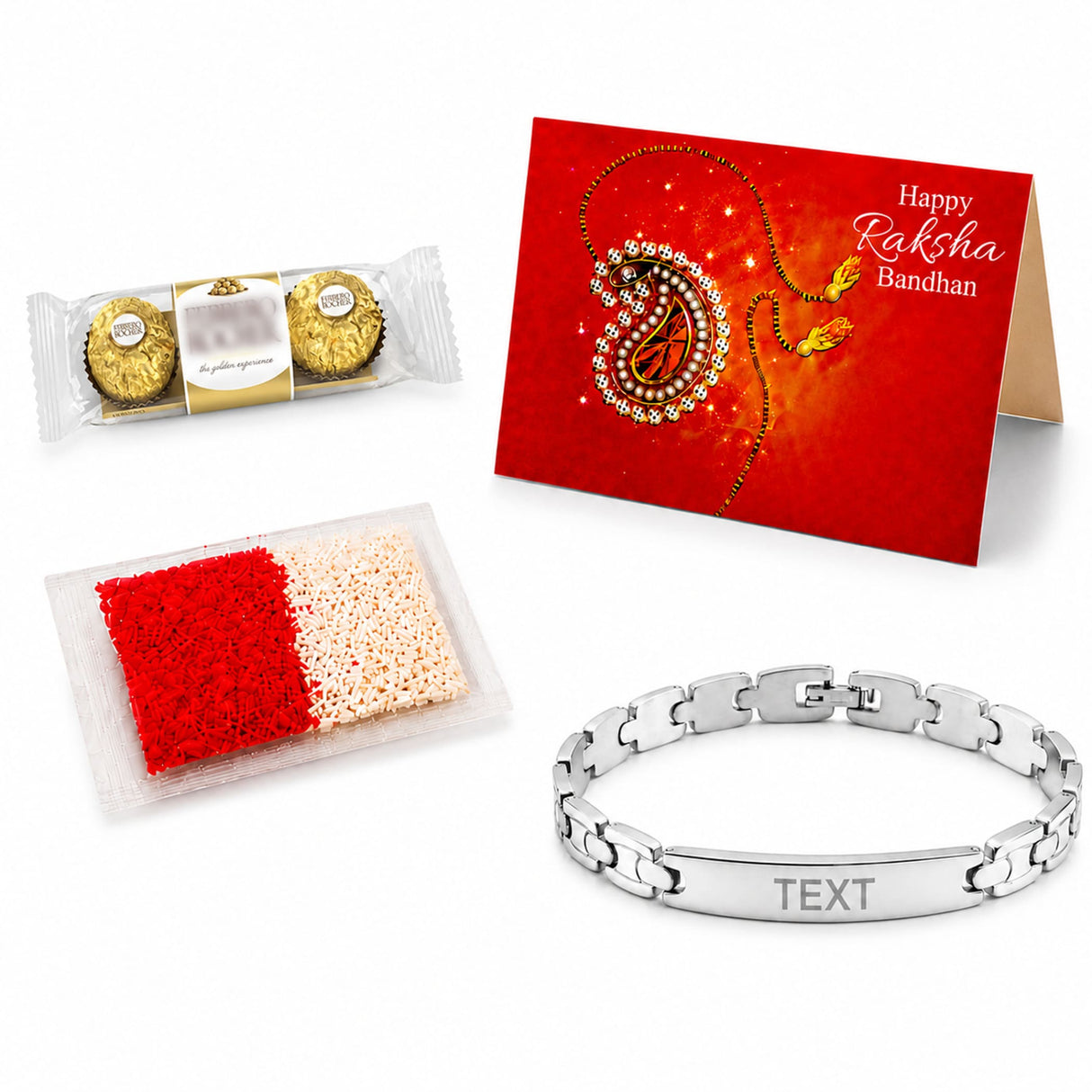 Silver personalized stainless steel rakhi bracelet with interlocking links and custom engraved text for brother gift