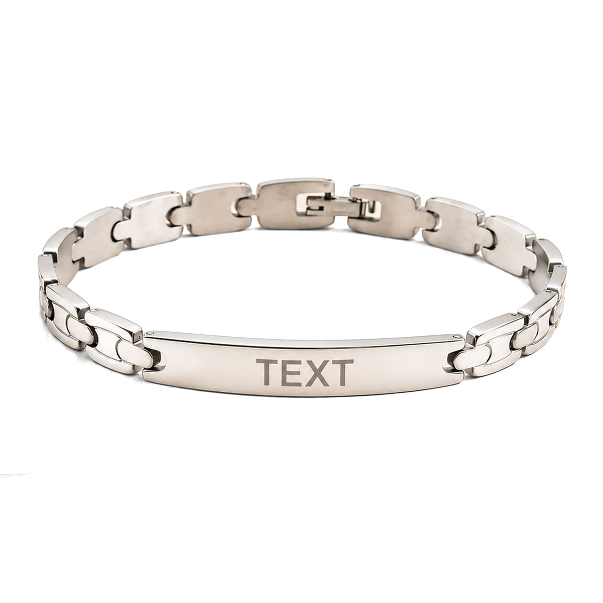 Personalized silver-toned stainless steel rakhi bracelet with sleek interlocking links and custom engraved rectangular plate