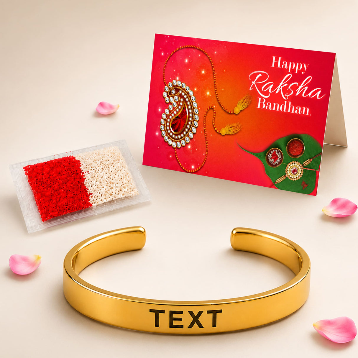 Gold-colored open cuff bracelet with engraved black text personalized stainless steel name rakhi for brother protection gift