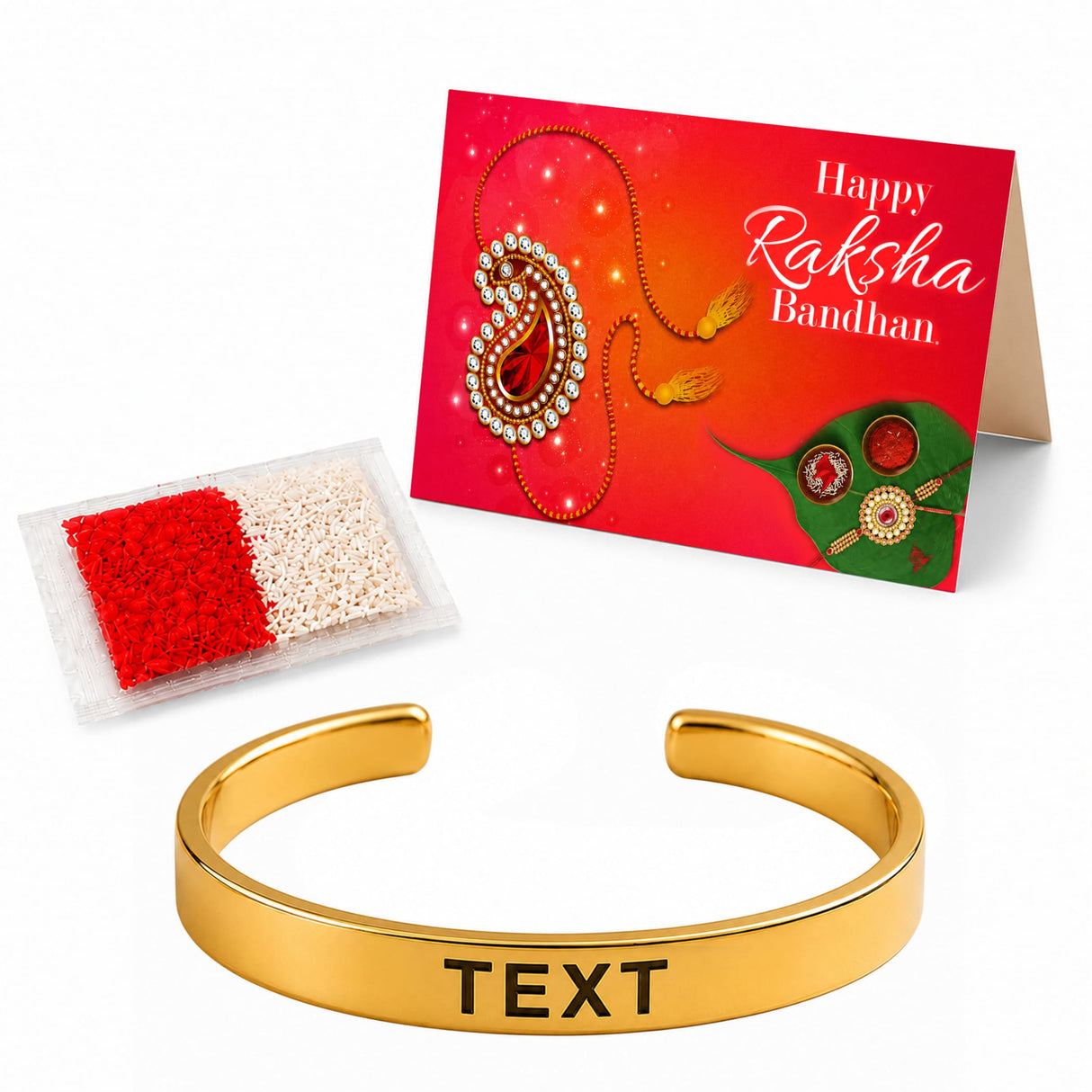Gold-colored stainless steel cuff bracelet with engraved text for personalized Raksha Bandhan gift for brother
