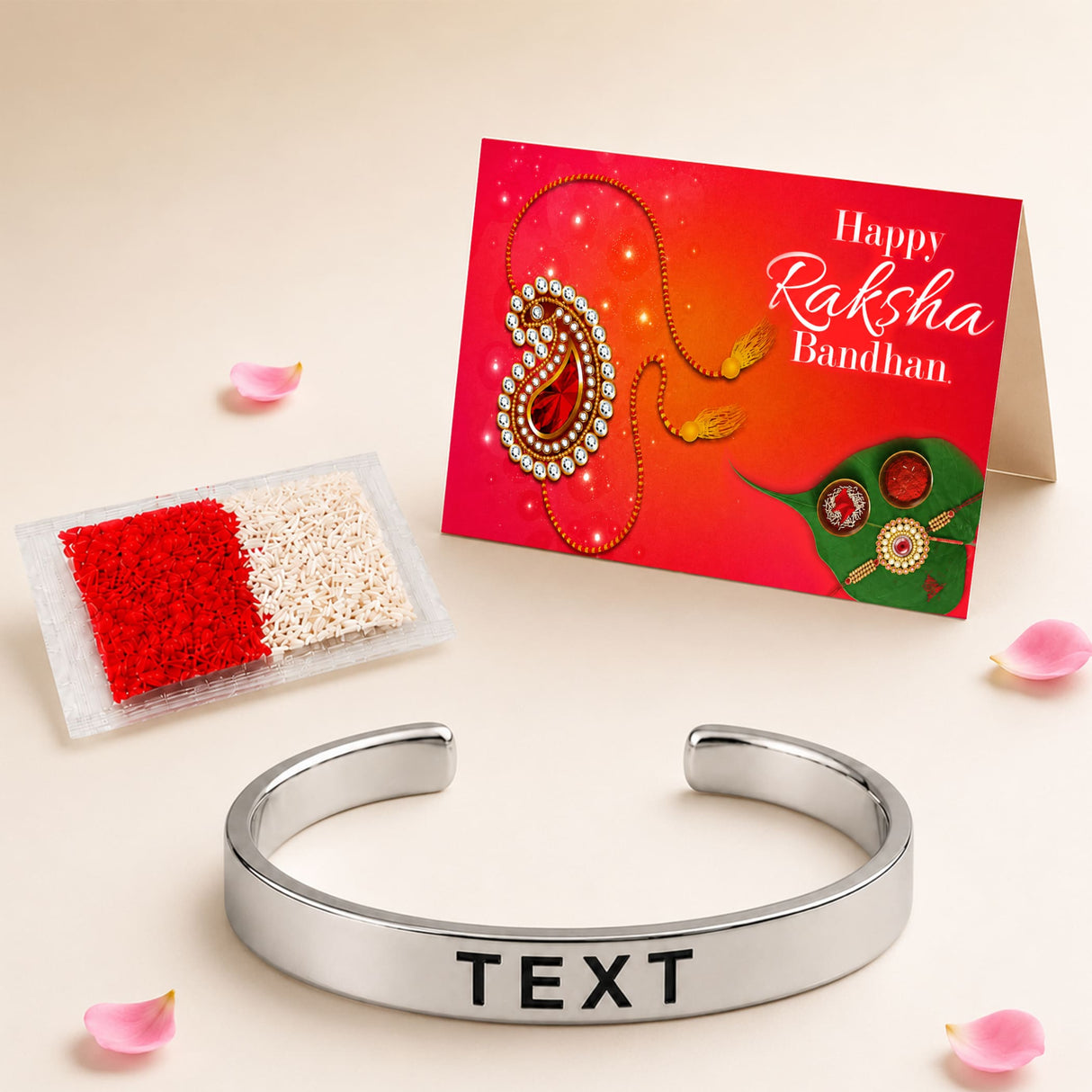 Silver stainless steel cuff bracelet with custom engraved black text for raksha bandhan protection and good luck gift