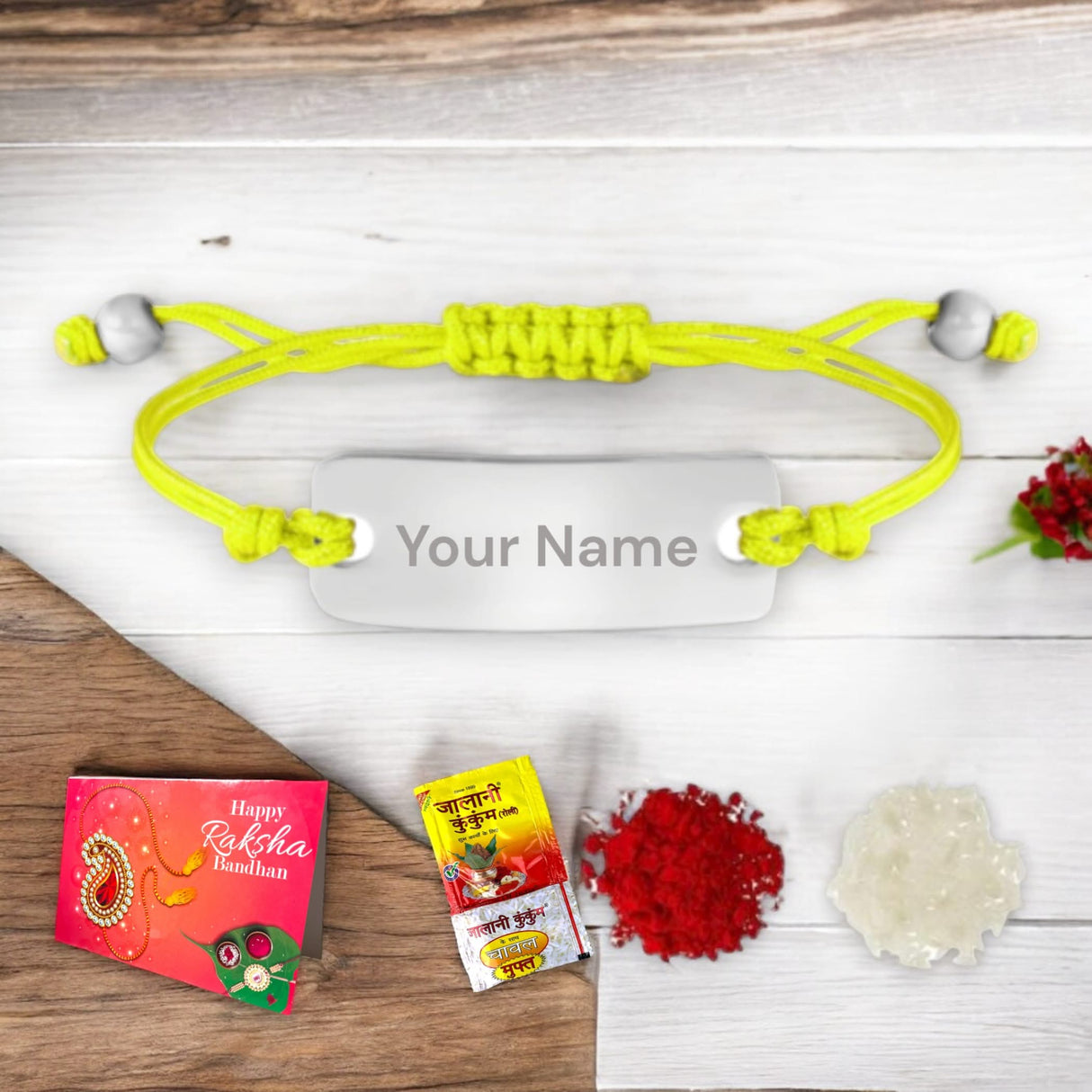 Personalized Stainless Steel Rakhi for Brother Custom Engraved Name Bracelet for Bhai Raksha Bandhan Customizable Thread Rakhi Gift Hamper with Roli Chawal Greeting Card - LoveNspire
