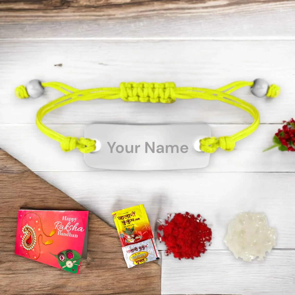 Personalized Stainless Steel Rakhi for Brother Custom Engraved Name Bracelet for Bhai Raksha Bandhan Customizable Thread Rakhi Gift Hamper with Roli Chawal Greeting Card - LoveNspire