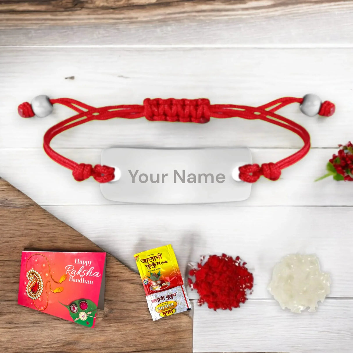 Personalized Stainless Steel Rakhi for Brother Custom Engraved Name Bracelet for Bhai Raksha Bandhan Customizable Thread Rakhi Gift Hamper with Roli Chawal Greeting Card - LoveNspire